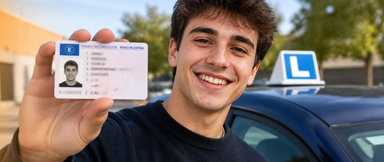 Joven nuevo conductor mostrando su carnet de conducir, Autoescuelas Vial Masters